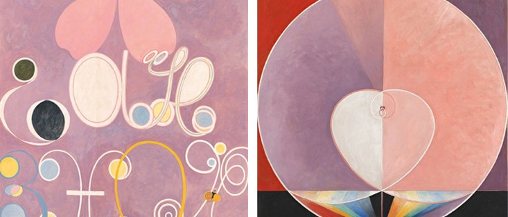 Left to right: Hilma af Klint The Ten Largest, Group IV, No. 5, Adulthood 1907 HAK106; Group IX/UW, The Dove No. 2 1915 HAK174. By courtesy of the Hilma af Klint Foundation. Photos: The Moderna Museet, Stockholm, Sweden.