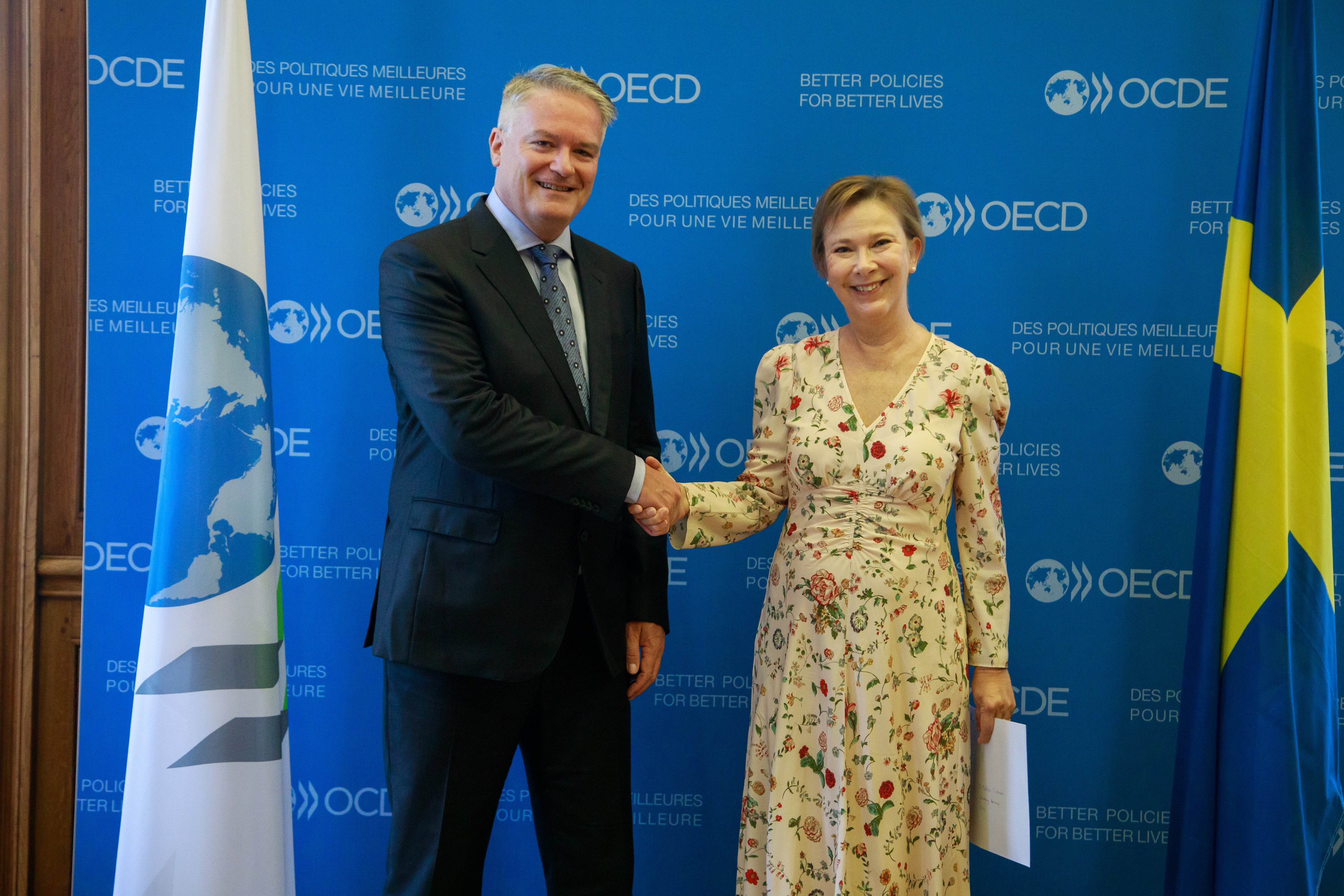 OECD:s generalsekreterare Mathias Cormann och  ambassadör Helena Sångeland