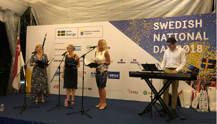 The trio “Svenska Ensemblen” with singers Ms Karin Widell, Ms Elisabeth Raun and Ms Jenny Hällen Hedberg perform traditional Swedish summer songs