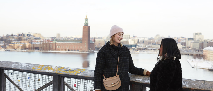 Bilden visar två personer som har utsikt över Stockholms stadshus